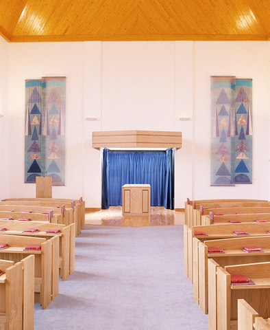 Hand dyed and screenprinted double layered banner hangings at Norse Road Crematorium.