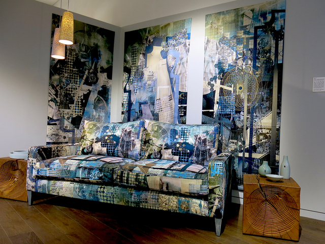 "Travelogue Collage" Two-seater sofa and wall hanging installation at Contemporary Applied Arts